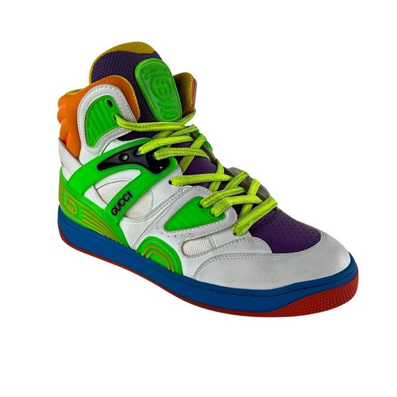 Gucci Women's Basket High Top Basketball Shoes White Green Purple Sz 37.5 - Picture 4 of 14
